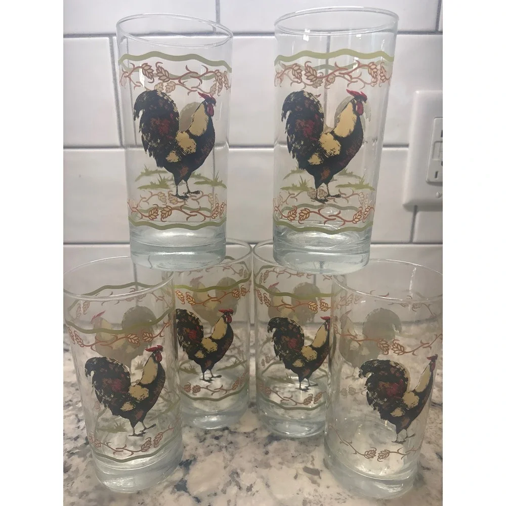 Vintage Rooster Farmhouse Juice Glasses Set of 6 Country Kitchen Tumblers